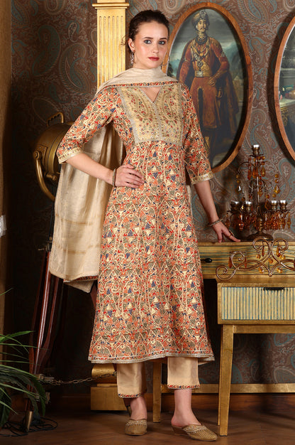 Cream Floral Printed Sequined Kota Flared Kurta, Pants And Dupatta Set