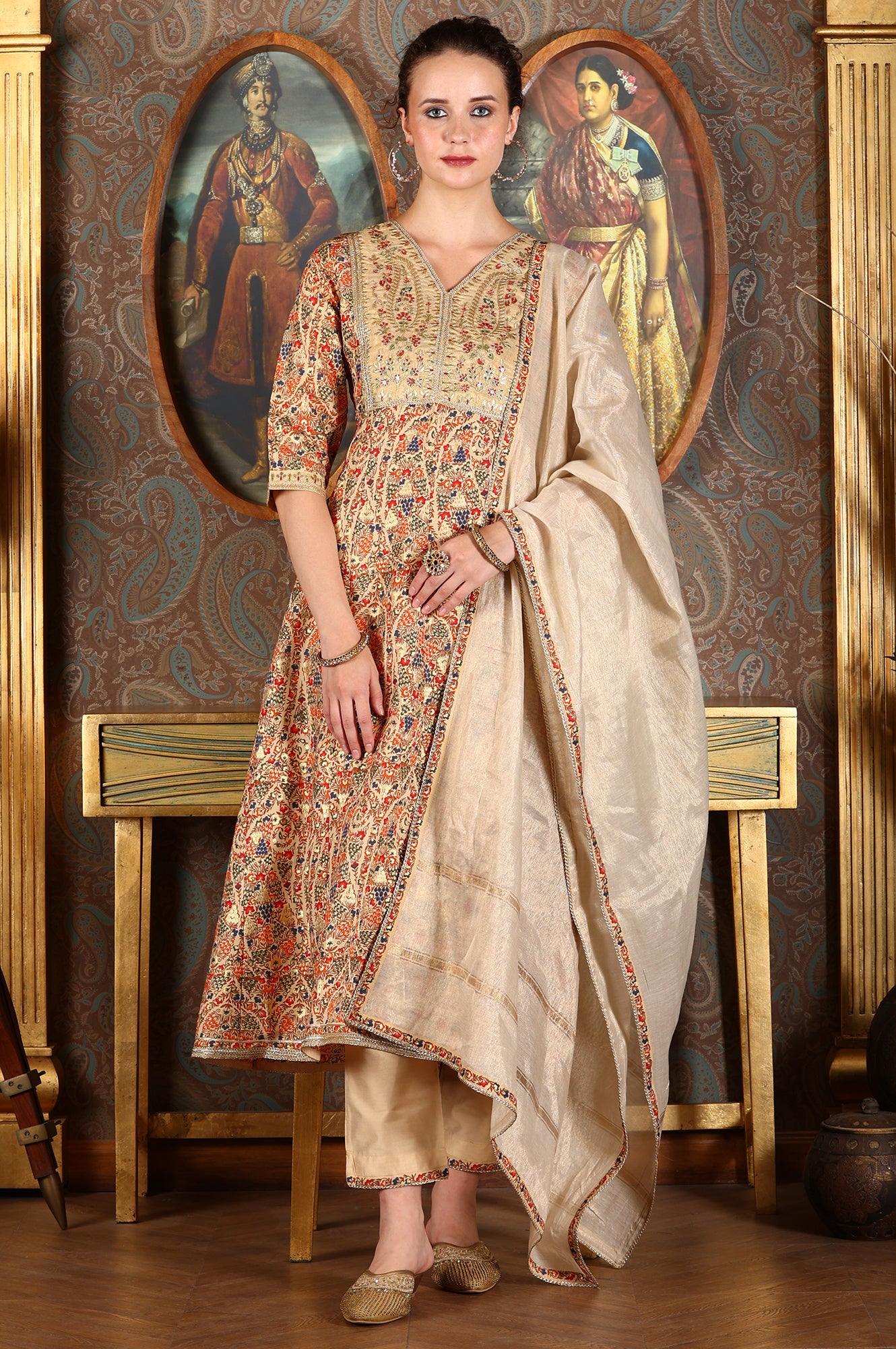 Cream Floral Printed Sequined Kota Flared Kurta, Pants And Dupatta Set