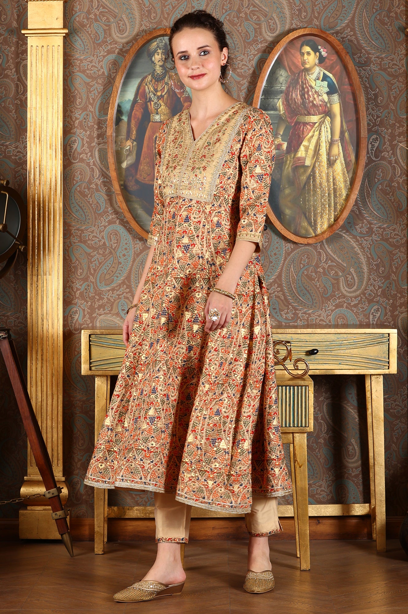 Cream Floral Printed Sequined Kota Flared Kurta, Pants And Dupatta Set