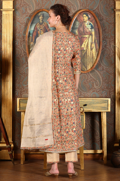 Cream Floral Printed Sequined Kota Flared Kurta, Pants And Dupatta Set