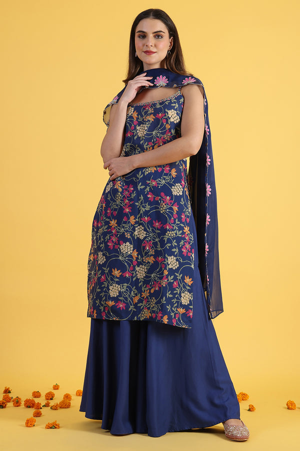 Blue Printed Metallic Embroidery Straight Kurta & Sharara with Dupatta Set