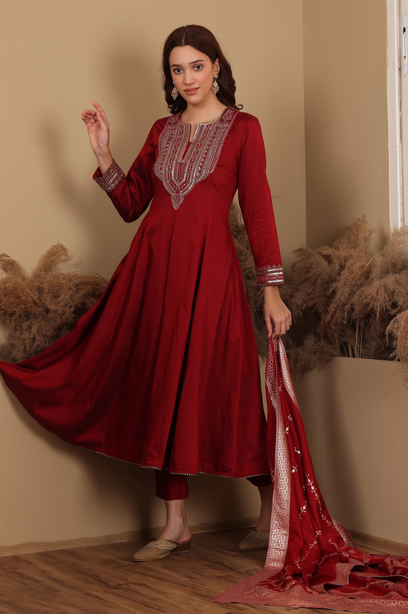 W for Woman Elegant Red Embroidered Kurta, Slim Pant & Dupatta Set for Formal and Festive Occasions