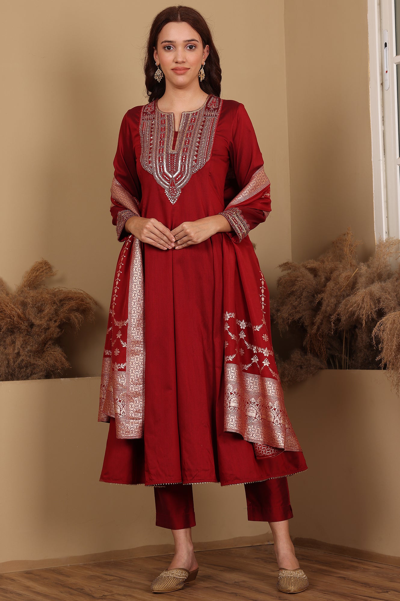 Red Embroidered Chanderi Flared Kurta, Slim Pants And Dupatta Set - wforwoman