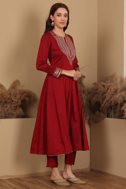 Red Embroidered Chanderi Flared Kurta, Slim Pants And Dupatta Set - wforwoman