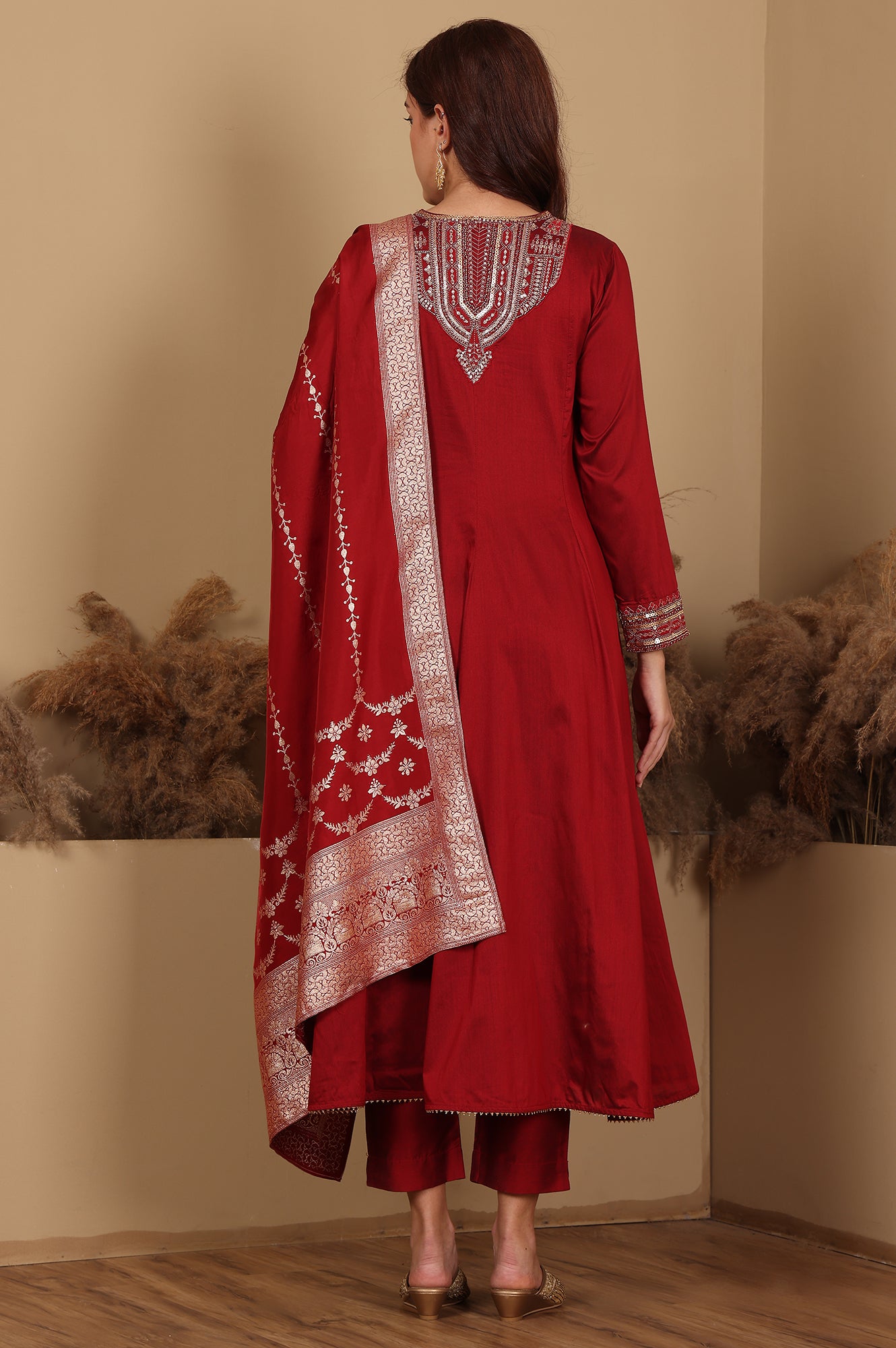 Red Embroidered Chanderi Flared Kurta, Slim Pants And Dupatta Set - wforwoman