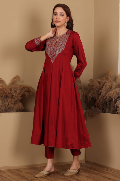 Red Embroidered Chanderi Flared Kurta, Slim Pants And Dupatta Set - wforwoman