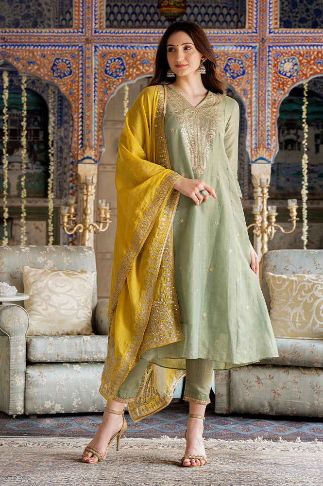 Green Metallic Embroidered Tissue Flared Kurta, Pants And Dupatta Set