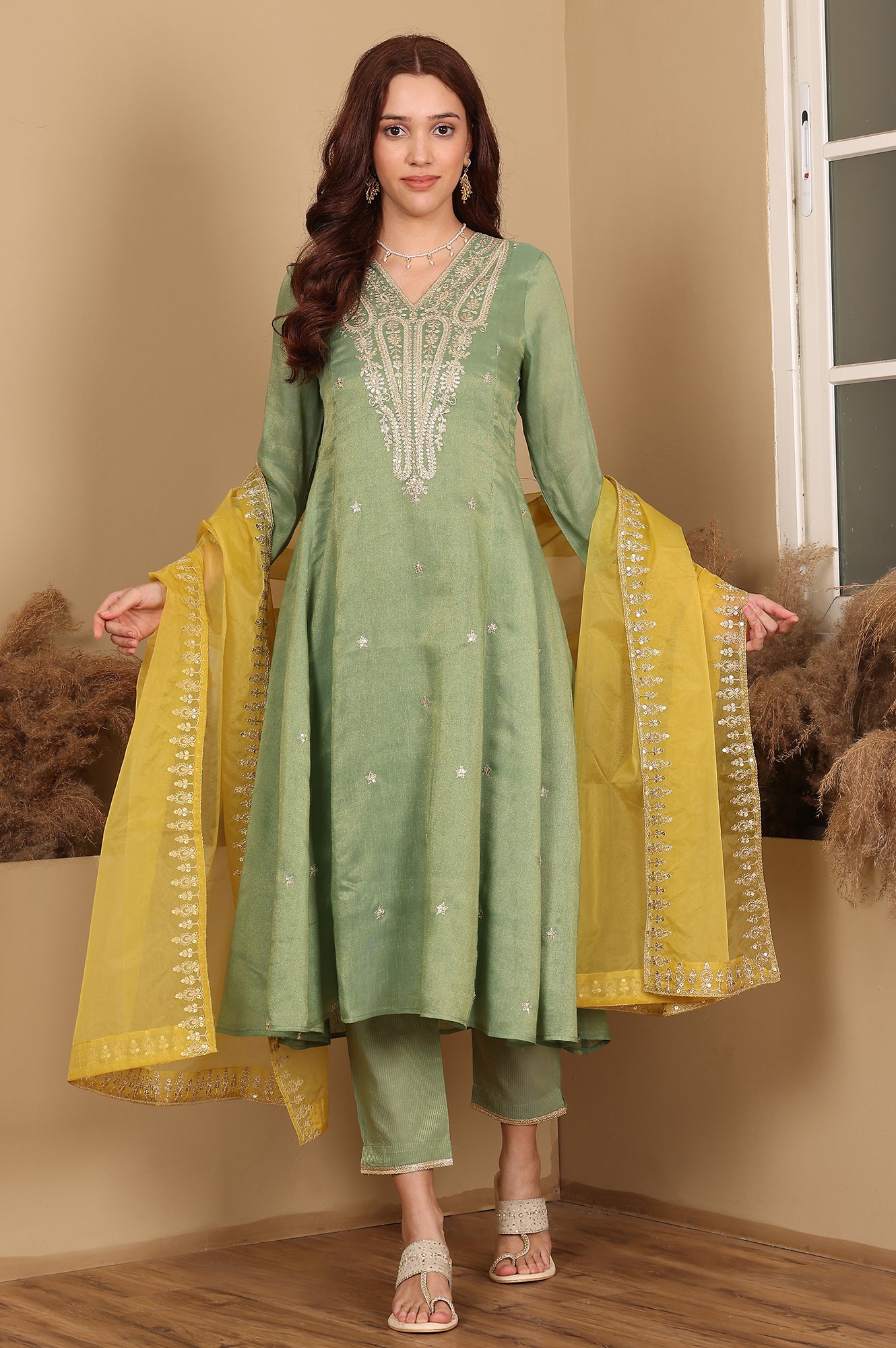 Green Metallic Embroidered Tissue Flared Kurta, Pants And Dupatta Set - wforwoman