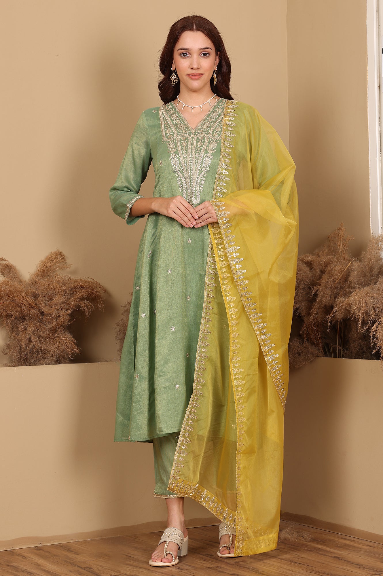 Green Metallic Embroidered Tissue Flared Kurta, Pants And Dupatta Set - wforwoman