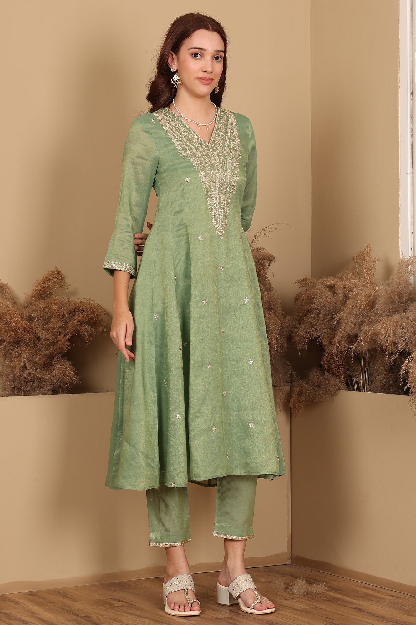 Green Metallic Embroidered Tissue Flared Kurta, Pants And Dupatta Set - wforwoman