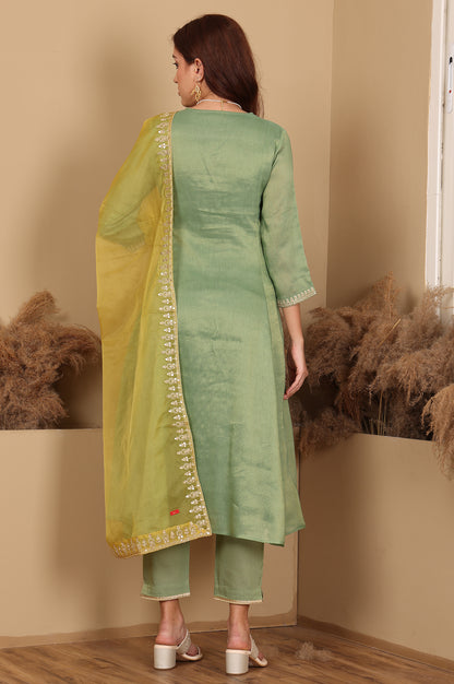 Green Metallic Embroidered Tissue Flared Kurta, Pants And Dupatta Set - wforwoman