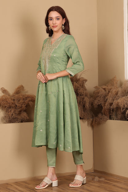 Green Metallic Embroidered Tissue Flared Kurta, Pants And Dupatta Set - wforwoman