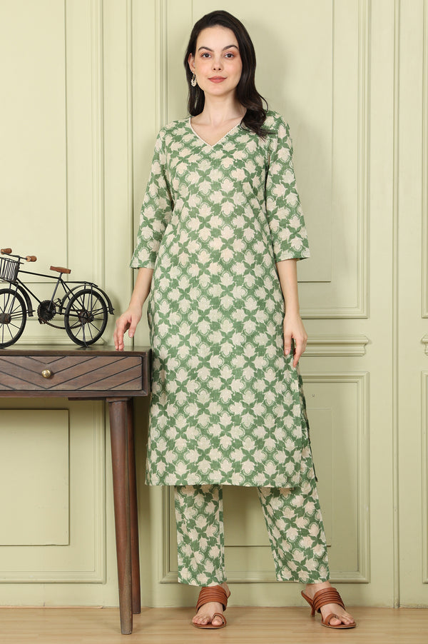 Olive Green Floral Printed Cotton Blend Straight Kurta And Pants Co-Ord Set
