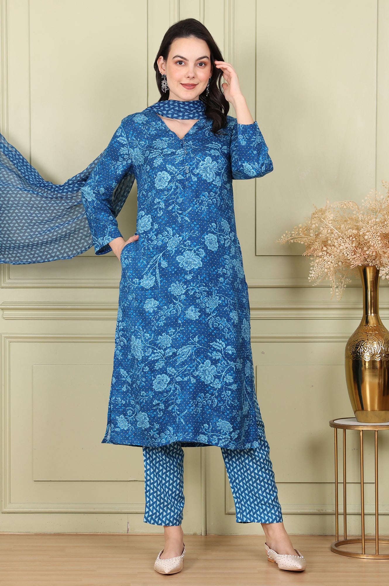 Buy Ink Blue V Neck Rayon Flax Straight Kurta Printed Straight Pants Set With Dupatta Online for Woman WforWoman