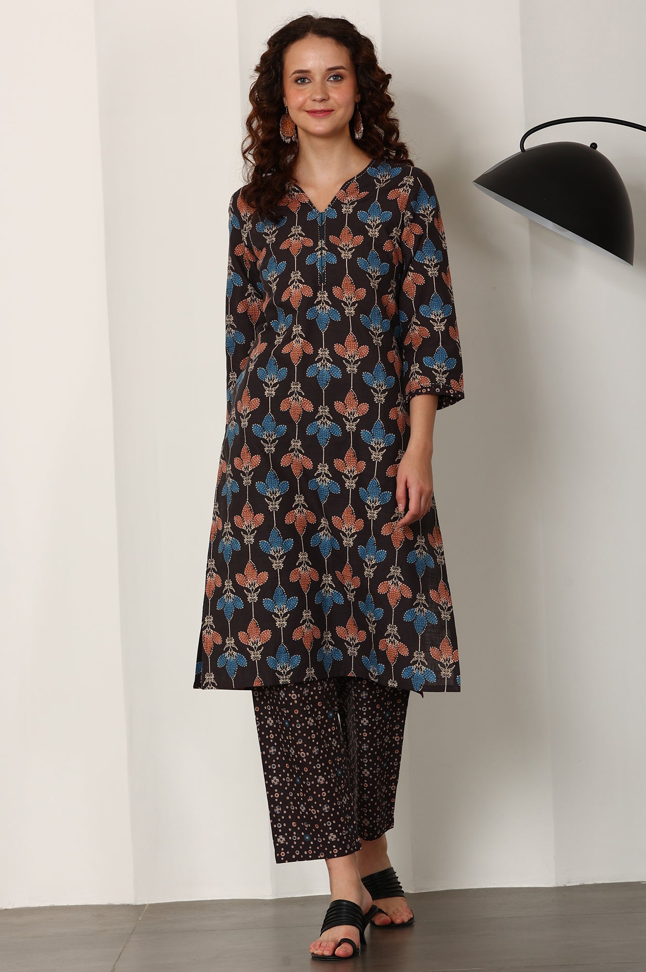 Black Floral Printed Pure Cotton Kurta And Pants Co-Ord Set