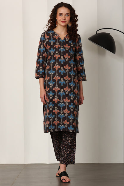 Black Floral Printed Pure Cotton Kurta And Pants Co-Ord Set