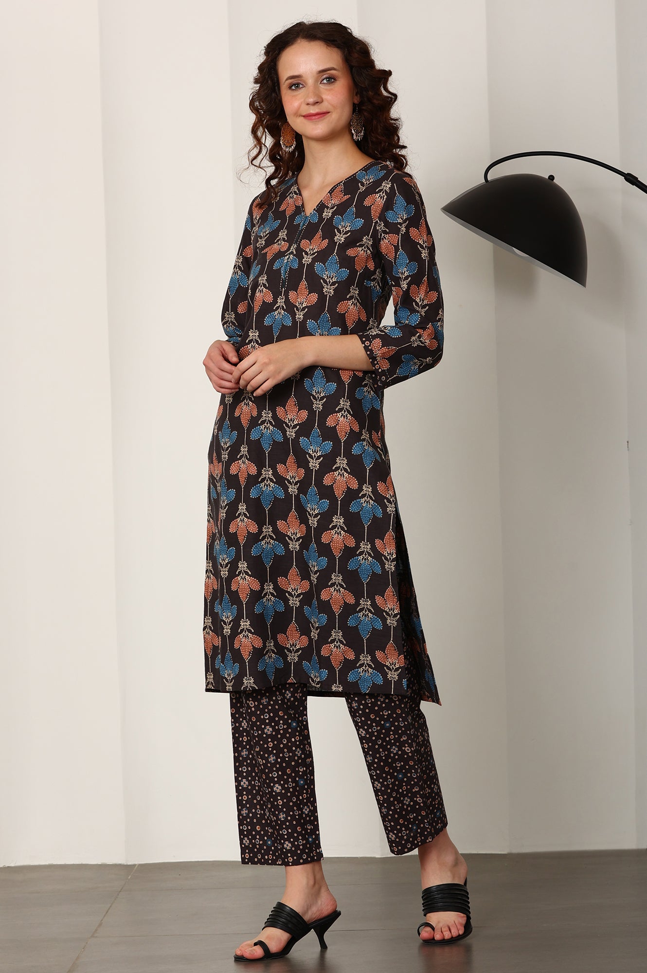 Black Floral Printed Pure Cotton Kurta And Pants Co-Ord Set