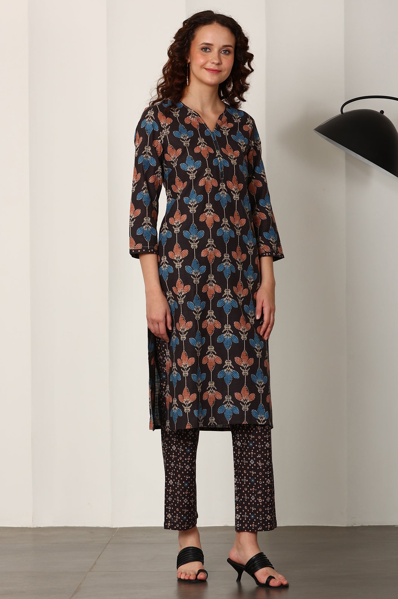 Black Floral Printed Pure Cotton Kurta And Pants Co-Ord Set