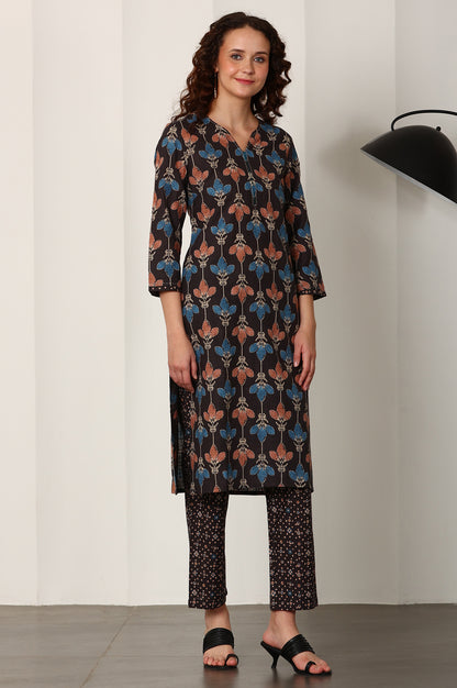 Black Floral Printed Pure Cotton Kurta And Pants Co-Ord Set