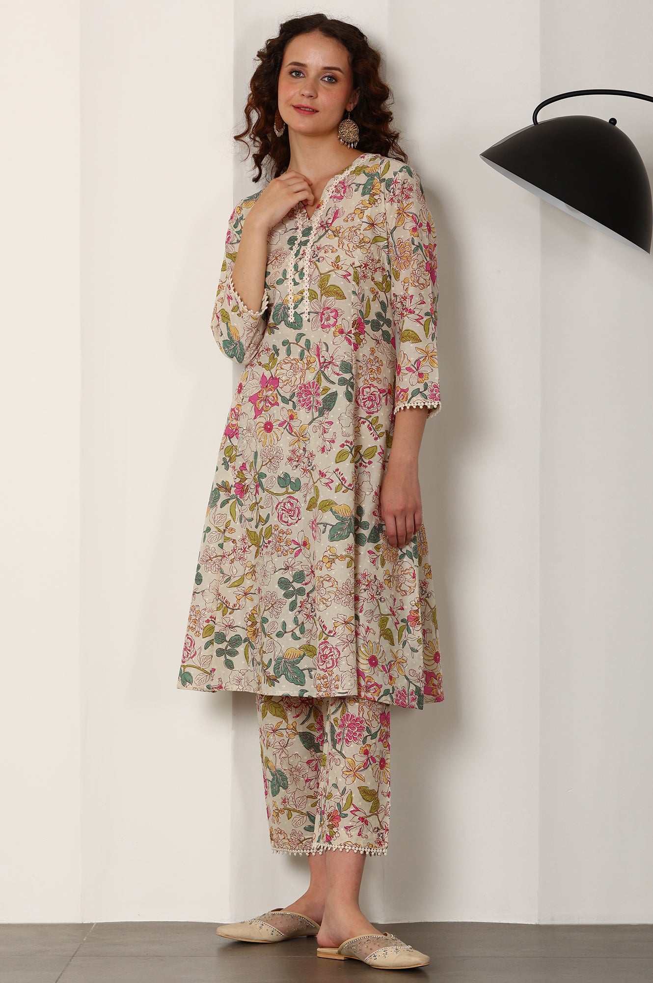 White Floral Printed Cotton Blend A-Line Kurta And Pants Set