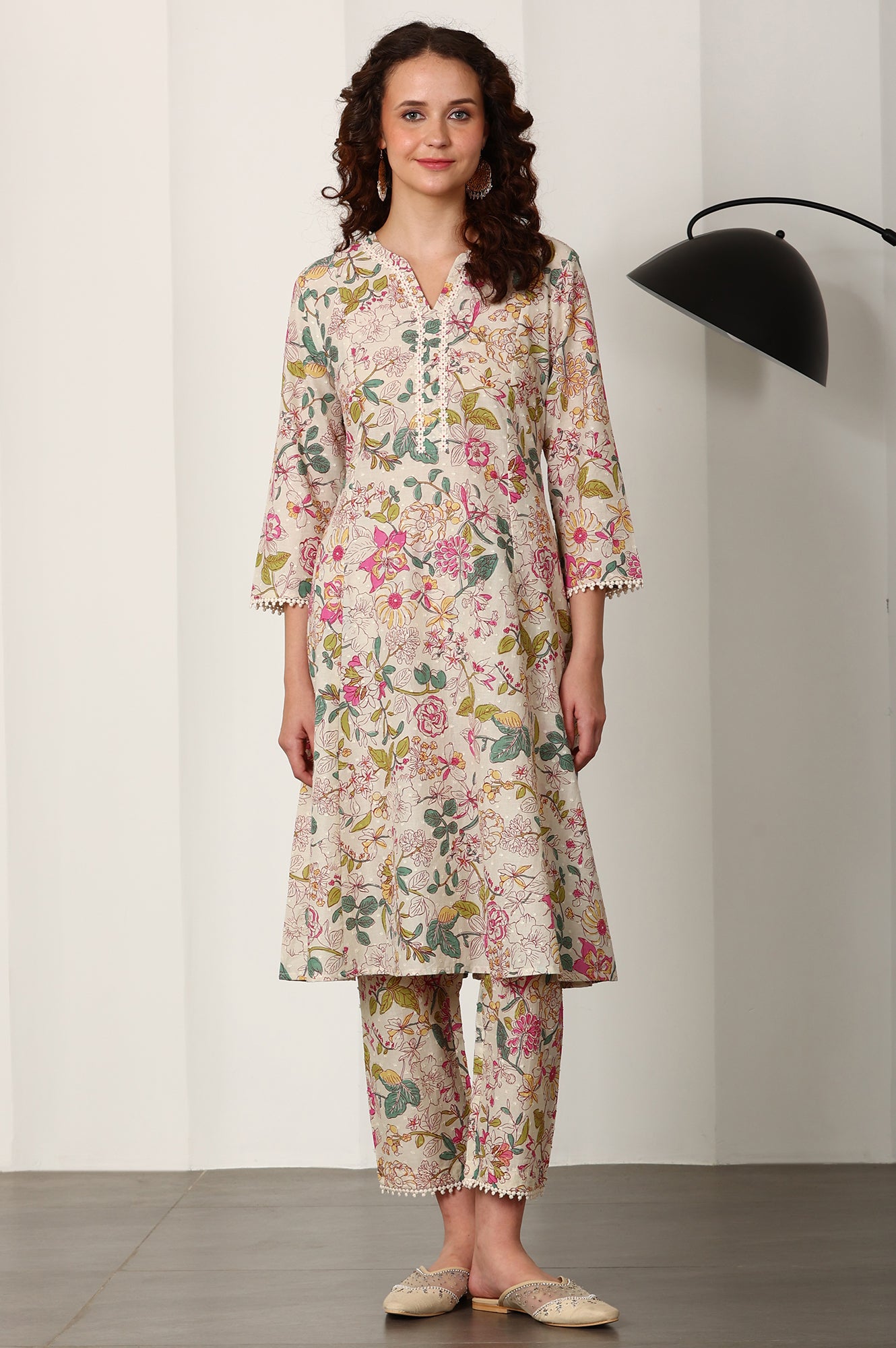 White Floral Printed Cotton Blend A-Line Kurta And Pants Set