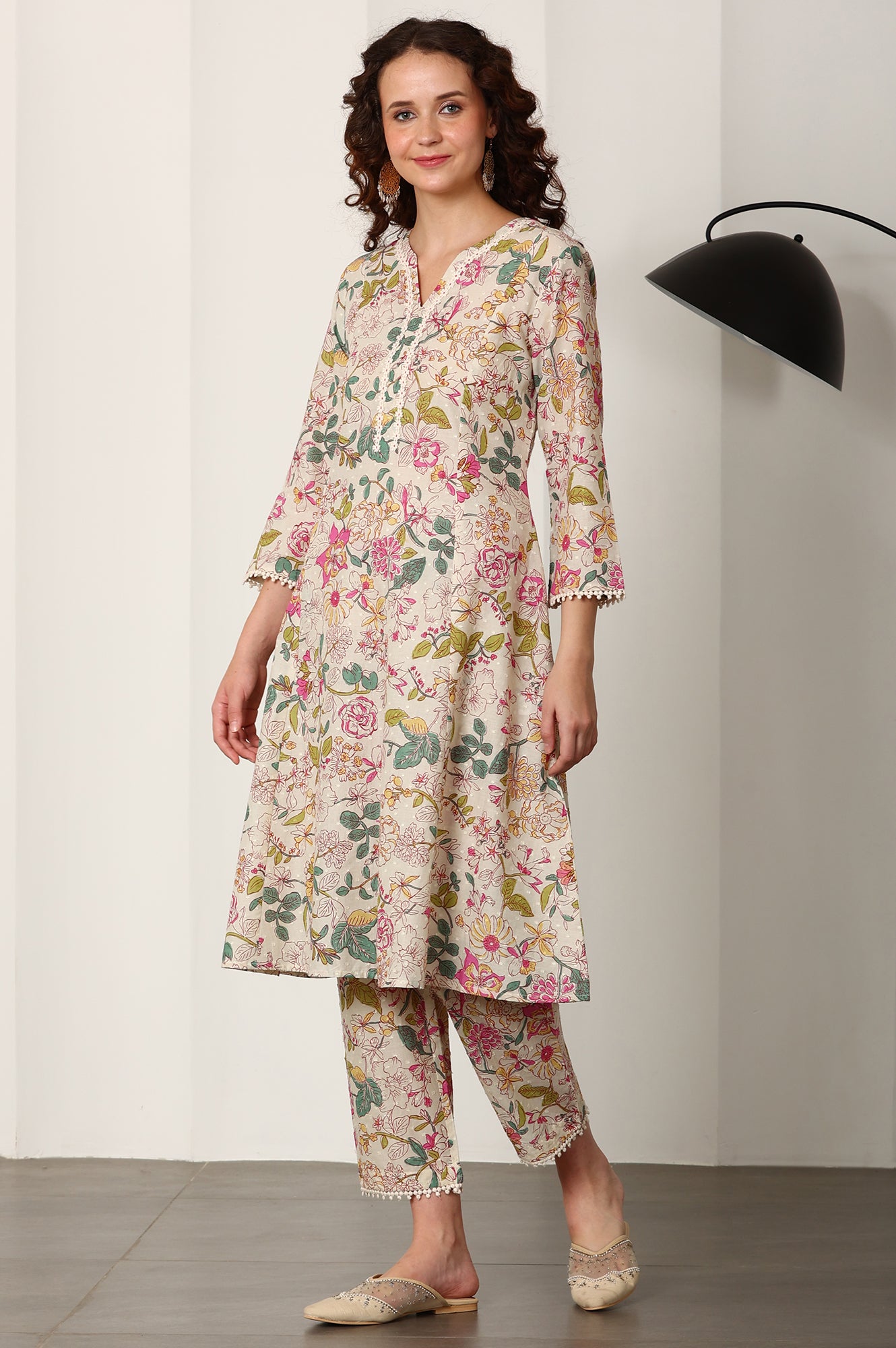 White Floral Printed Cotton Blend A-Line Kurta And Pants Set