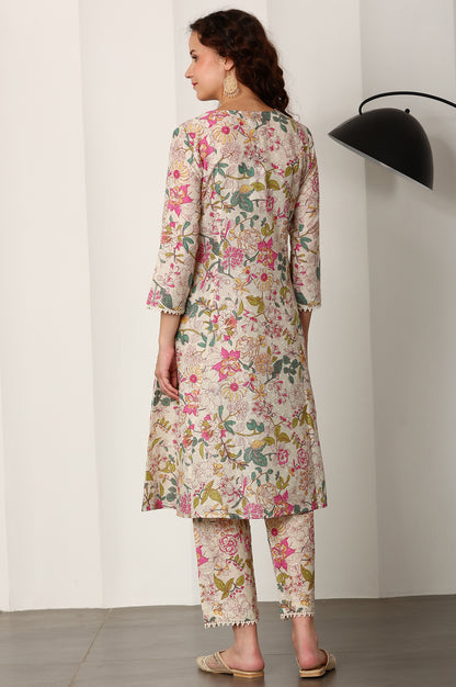 White Floral Printed Cotton Blend A-Line Kurta And Pants Set