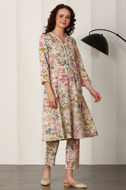 White Floral Printed Cotton Blend A-Line Kurta And Pants Set