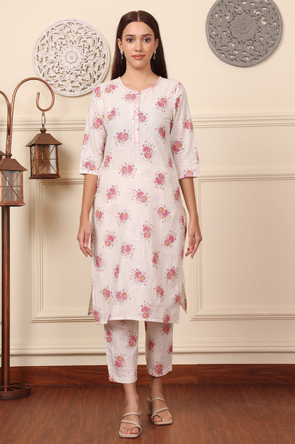 White Floral Printed A-Line Pure Cotton Kurta And Pants Co-Ord Set - wforwoman