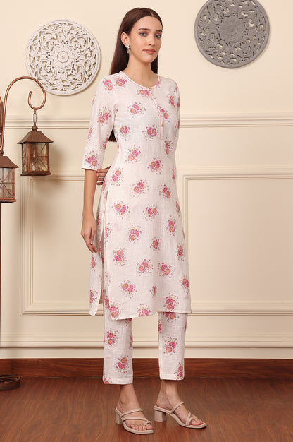 White Floral Printed A-Line Pure Cotton Kurta And Pants Co-Ord Set - wforwoman