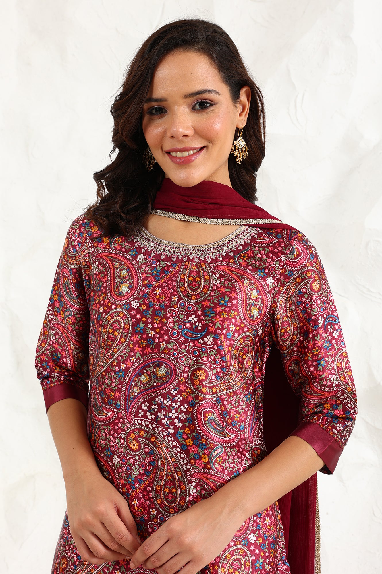 Wine Paisley Printed Japanese Satin Embroidered Neck Kurta With Straight Pants With Dupatta