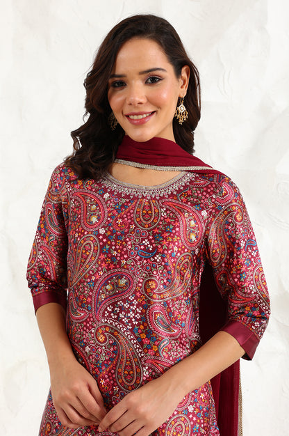 Wine Paisley Printed Japanese Satin Embroidered Neck Kurta With Straight Pants With Dupatta