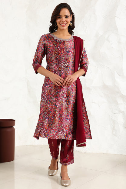 Wine Paisley Printed Japanese Satin Embroidered Neck Kurta With Straight Pants With Dupatta