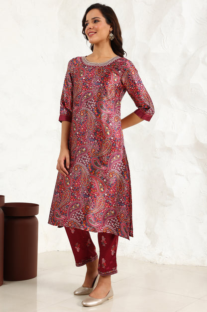 Wine Paisley Printed Japanese Satin Embroidered Neck Kurta With Straight Pants With Dupatta