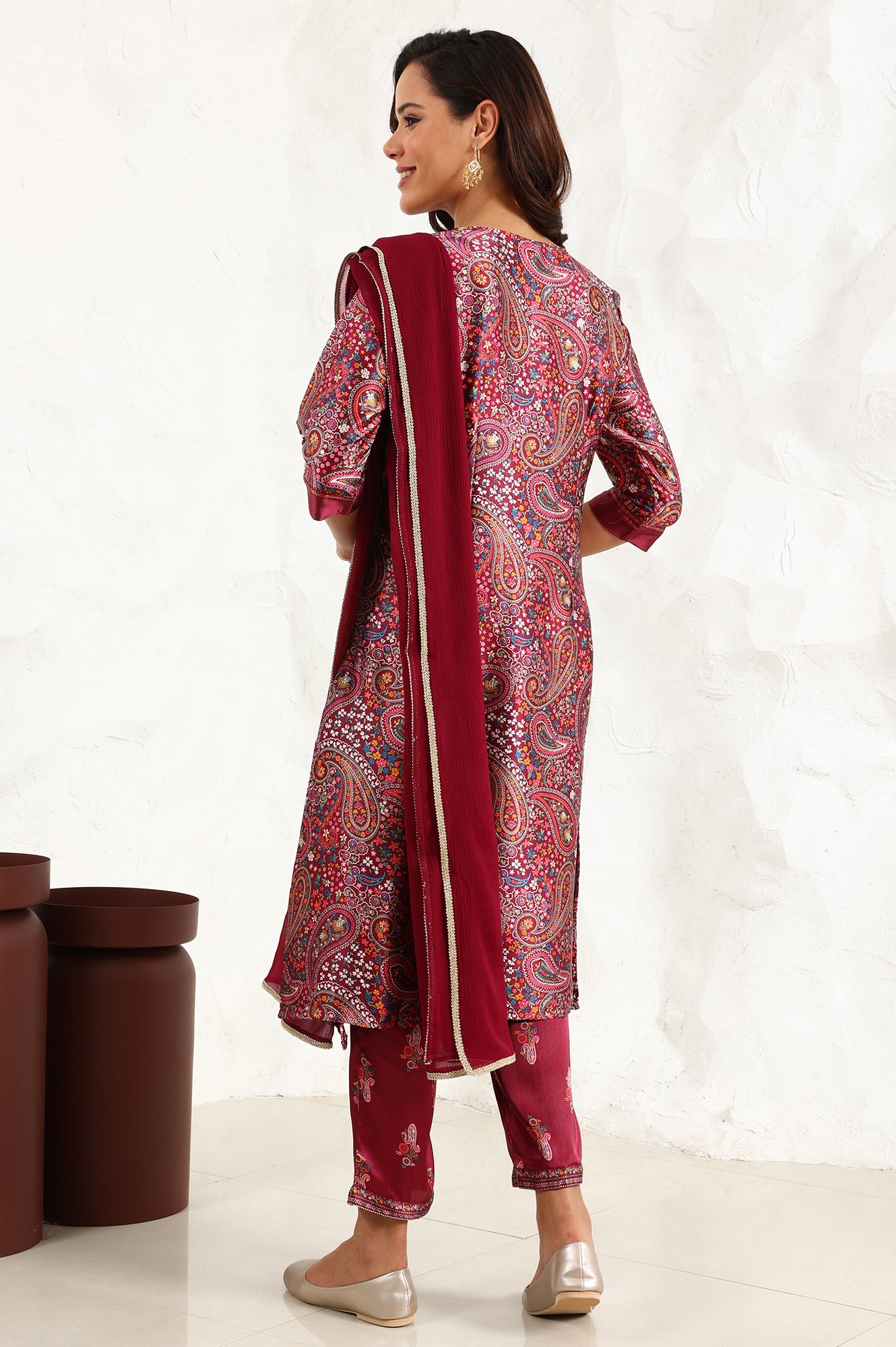 Wine Paisley Printed Japanese Satin Embroidered Neck Kurta With Straight Pants With Dupatta