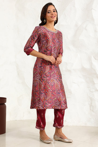 Wine Paisley Printed Japanese Satin Embroidered Neck Kurta With Straight Pants With Dupatta