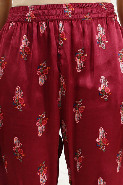 Wine Paisley Printed Japanese Satin Embroidered Neck Kurta With Straight Pants With Dupatta