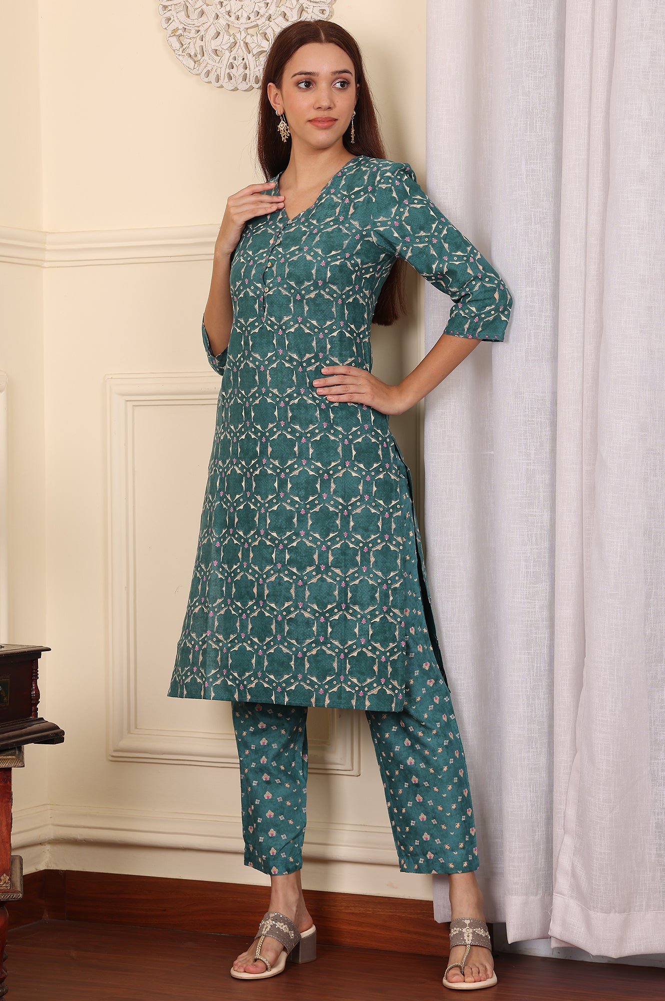 Forest Green Geometric Printed Rayon Straight Kurta And Pants Co-Ord Set - wforwoman