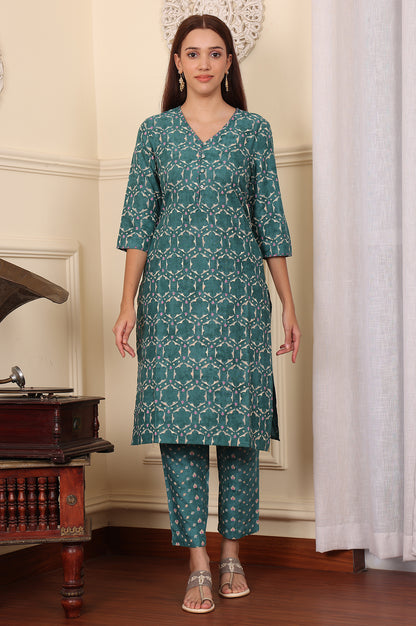 Forest Green Geometric Printed Rayon Straight Kurta And Pants Co-Ord Set - wforwoman