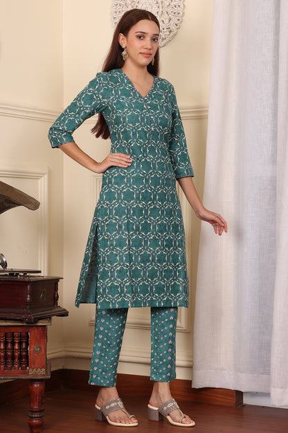 Forest Green Geometric Printed Rayon Straight Kurta And Pants Co-Ord Set - wforwoman