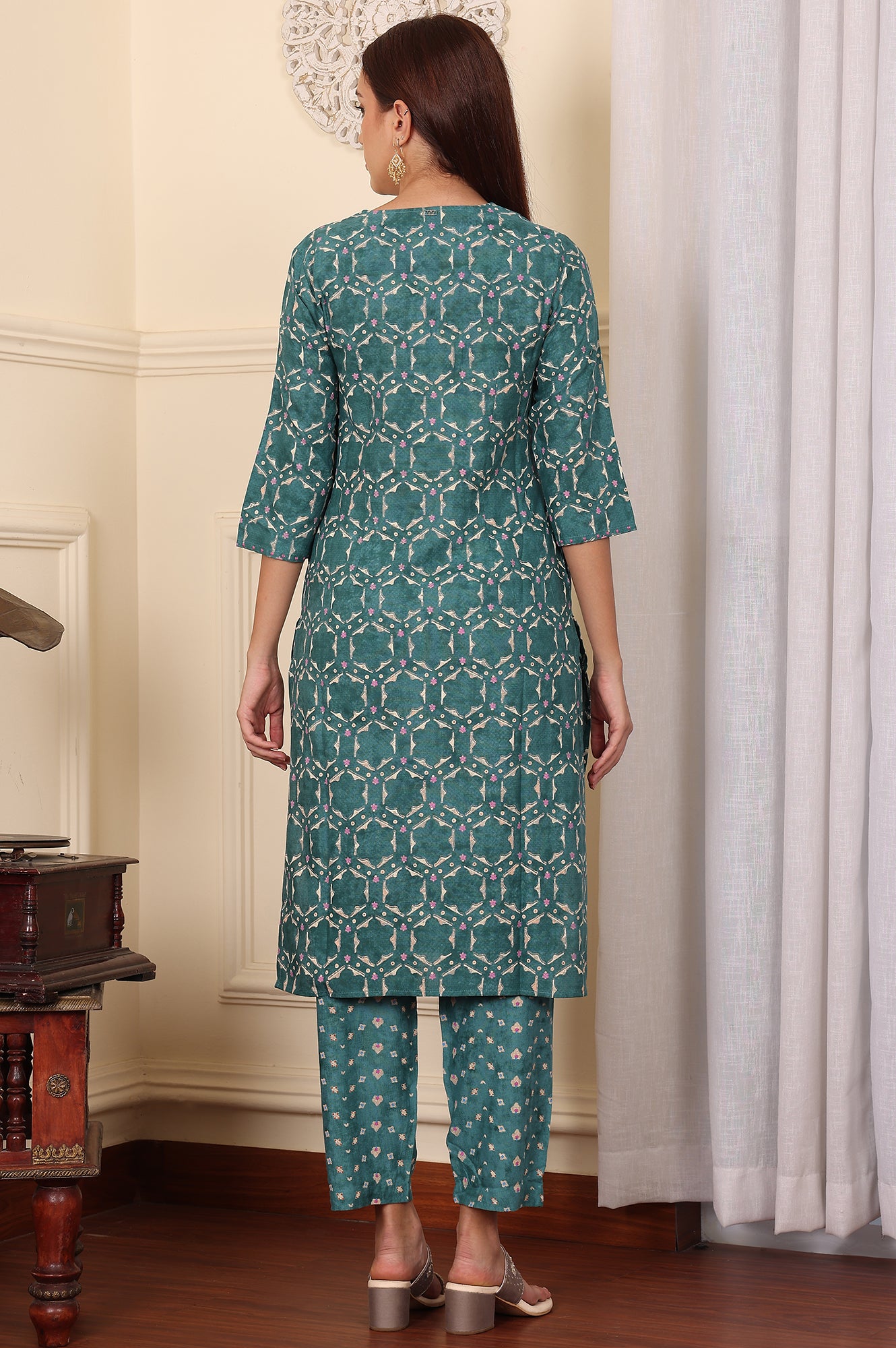 Forest Green Geometric Printed Rayon Straight Kurta And Pants Co-Ord Set - wforwoman