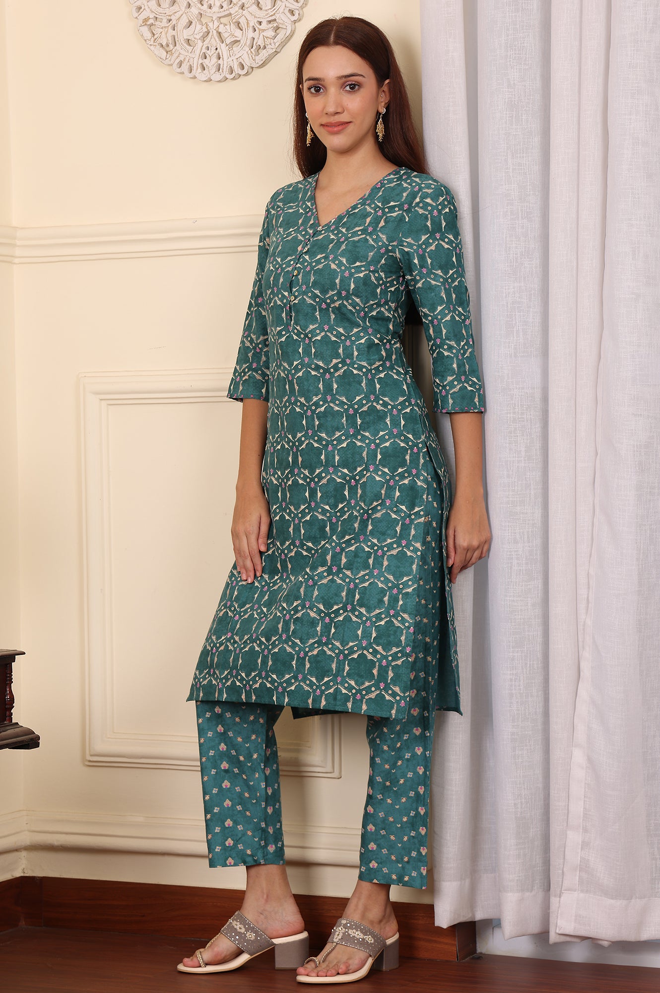 Forest Green Geometric Printed Rayon Straight Kurta And Pants Co-Ord Set - wforwoman