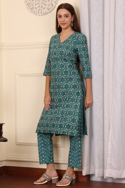 Forest Green Geometric Printed Rayon Straight Kurta And Pants Co-Ord Set - wforwoman