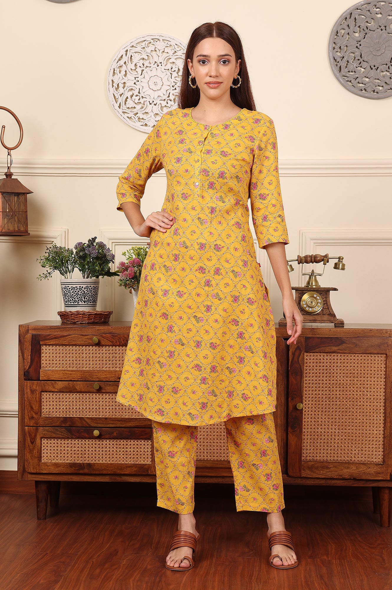 Yellow Floral Printed Pure Cotton Kurta And Pants Co-Ord Set - wforwoman