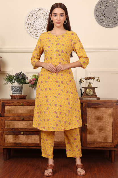 Yellow Floral Printed Pure Cotton Kurta And Pants Co-Ord Set - wforwoman