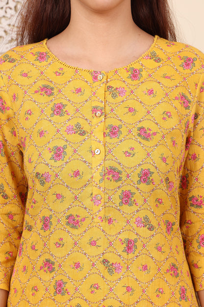 Yellow Floral Printed Pure Cotton Kurta And Pants Co-Ord Set - wforwoman