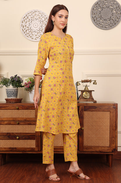 Yellow Floral Printed Pure Cotton Kurta And Pants Co-Ord Set - wforwoman