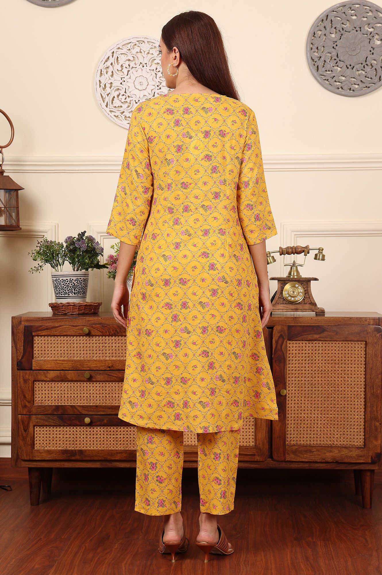 Yellow Floral Printed Pure Cotton Kurta And Pants Co-Ord Set - wforwoman