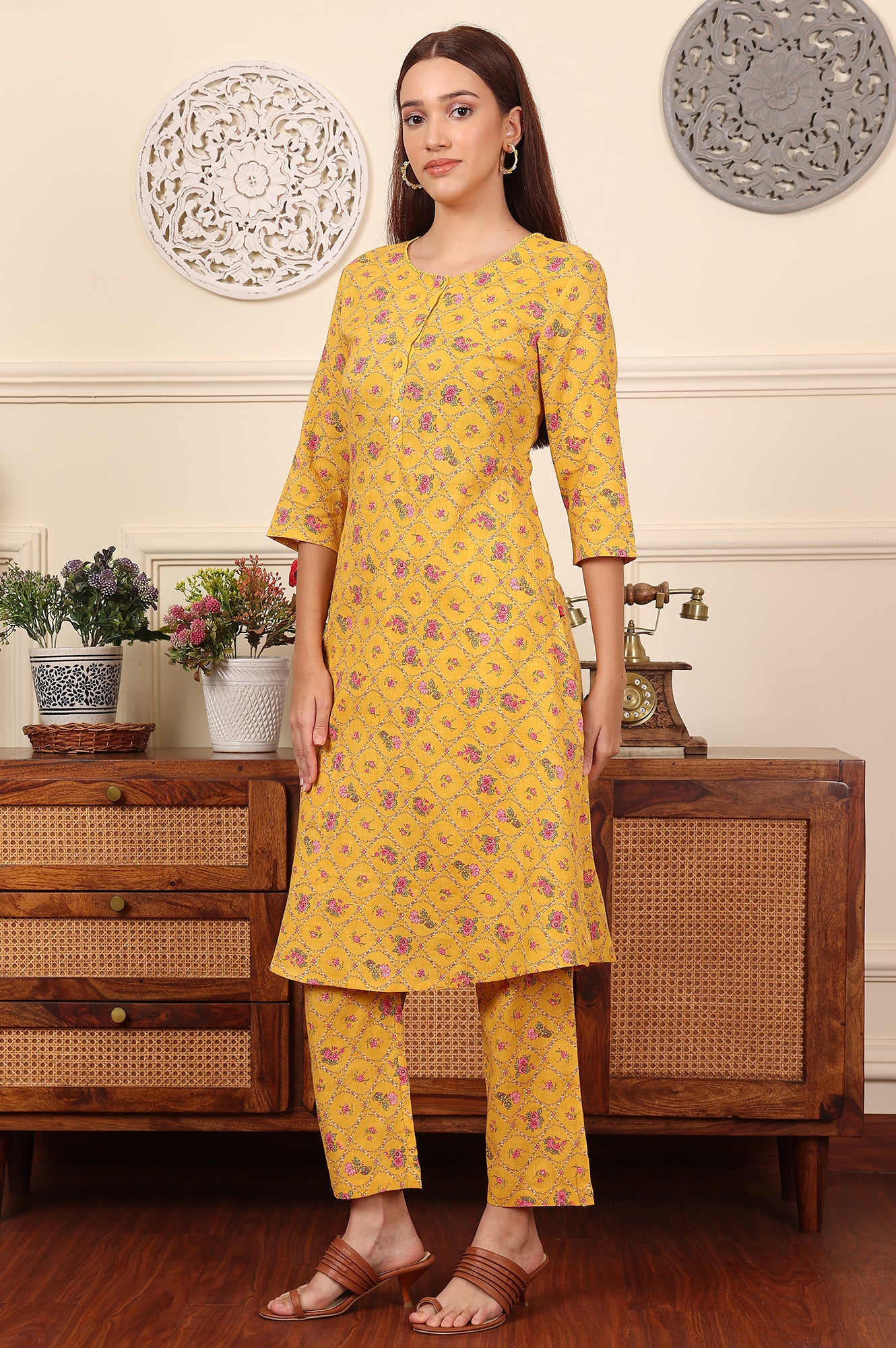 Yellow Floral Printed Pure Cotton Kurta And Pants Co-Ord Set - wforwoman