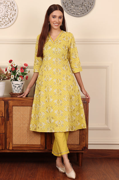 Custard Yellow Floral Printed Embroidered A-Line Pure Cotton Kurta And Pants Co-Ord Set - wforwoman